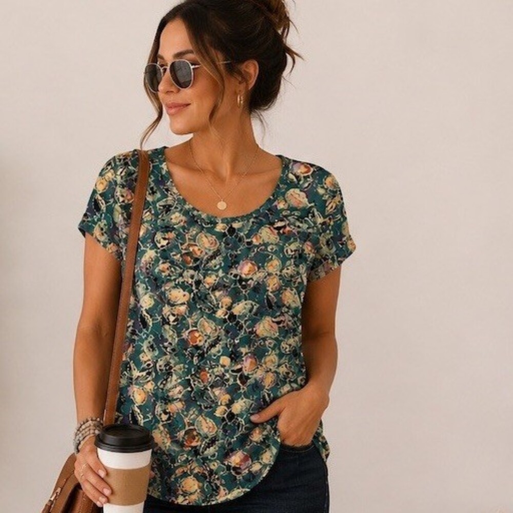 LuLaRoe Classic Tee Womens S Green Teal Floral Scoop Neck Short Sleeve
